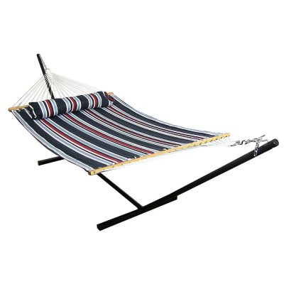 Ultimate Patio Quilted Double Hammock & Pillow w/ 12-Foot Black Stand – Nautical Stripe