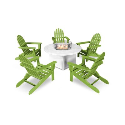 POLYWOOD Classic Folding Adirondack 6-Piece Conversation Set W/ Fire Pit Table – Lime / White