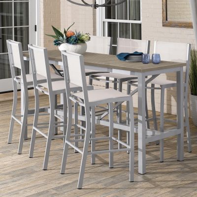 Travira 7 Piece Aluminum Patio Bar Set W/ 72 X 30 Inch Rectangular Tekwood Vintage Table By Oxford Garden – Natural Sling