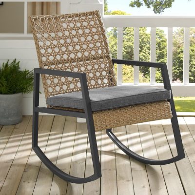 Ultimate Patio Pointebell Rattan & Steel Patio Rocking Chair W/ Gray Cushion – Brown