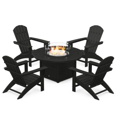 POLYWOOD Nautical 5-Piece Adirondack Chair Conversation Set w/ Fire Pit Table – Black