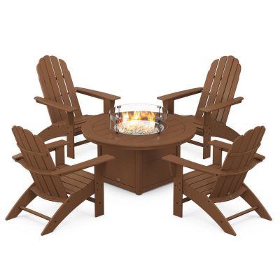 POLYWOOD Vineyard 5-Piece Curveback Adirondack Conversation Set w/ Fire Pit Table – Teak