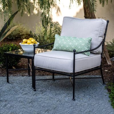 Sunset West Provence 2 Piece Wrought Iron Patio Conversation Set W/ End Table & Sunbrella Canvas Flax Cushions