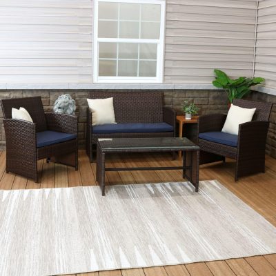 Ultimate Patio 4-Piece Patio Set – Mixed Brown Rattan W/ Navy Cushions