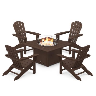 POLYWOOD Palm Coast 5-Piece Adirondack Chair Conversation Set w/ Fire Pit Table – Mahogany