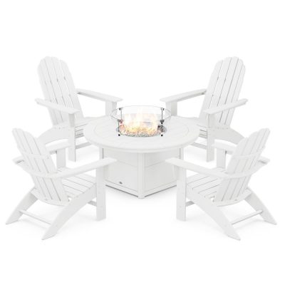 POLYWOOD Vineyard 5-Piece Curveback Adirondack Conversation Set w/ Fire Pit Table – White