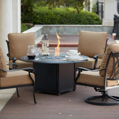 Capri 5 Piece Cast Aluminum Patio Fire Pit Conversation Set W/ Sesame Polyester Cushions By Darlee