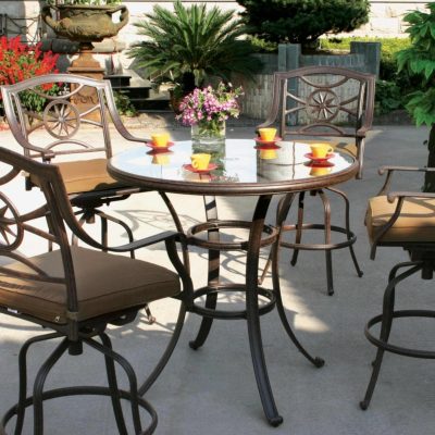 Darlee Ten Star 5 Piece Cast Aluminum Patio Bar Set With Swivel Bar Stools & Glass Top Table