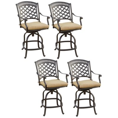 Darlee Sedona 4 Piece Cast Aluminum Patio Counter Height Swivel Stool Bar Set W/ Sesame Cushions