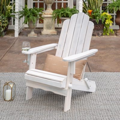 Ultimate Patio Folding Acacia Patio Adirondack Chair W/ Wine Glass Holder – White Wash