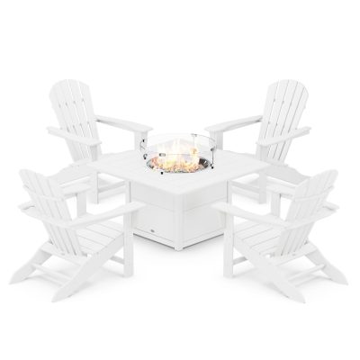 POLYWOOD Palm Coast 5-Piece Adirondack Chair Conversation Set w/ Fire Pit Table – White