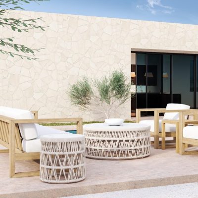 Sunset West Coastal Teak 5 Piece Patio Conversation Set W/ Coffee Table, End Table, & Sunbrella Canvas Canvas Cushions