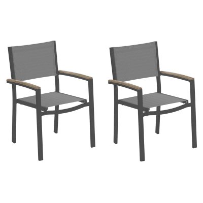 Travira 2 Pc Composite Sling & Aluminum Dining Chair W/ Vintage Tekwood Arm Caps in Carbon/Titanium By Oxford Garden