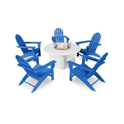 POLYWOOD Vineyard 6-Piece Adirondack Chat Set w/ Fire Pit Table – Pacific Blue / White