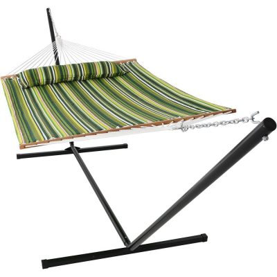 Ultimate Patio Quilted Double Hammock & Pillow w/ 15-Foot Black Stand – Melon Stripe