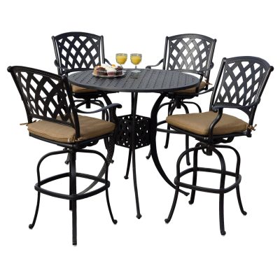 Darlee Ocean View 5 Piece Cast Aluminum Patio Bar Set W/ 42 Inch Round Table & Sesame Cushions