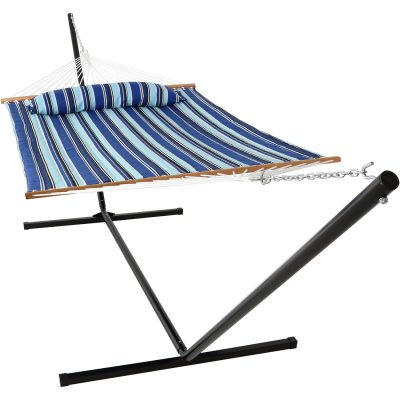 Ultimate Patio Quilted Double Hammock & Pillow w/ 15-Foot Black Stand – Catalina Beach