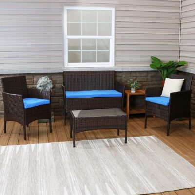 Ultimate Patio 4-Piece Patio Set – Mixed Brown Rattan W/ Blue Cushions