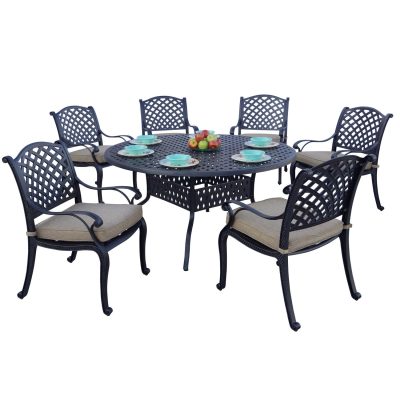 Nassau 7 Piece Cast Aluminum Patio Dining Set W/ 60 Inch Round Table & Sesame Cushions By Darlee