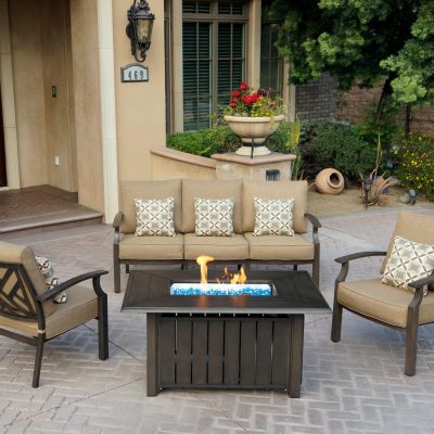 Darlee Brooklyn 4 Piece Aluminum Patio Conversation Set W/ 50 X 32-Inch Rectangular Propane Fire Pit Coffee Table & Sesame Cushions