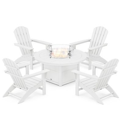 POLYWOOD Nautical 5-Piece Adirondack Chair Conversation Set w/ Fire Pit Table – White