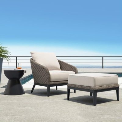 Sunset West Marbella 3 Piece Rope & Aluminum Patio Conversation Set W/ Otoman, End Table, & Sunbrella Echo Ash Cushions