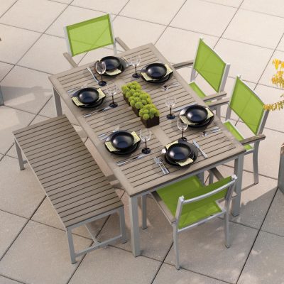 Oxford Garden Travira 6 Piece Flint Aluminum Patio Dining Set W/ Go Green Sling Armchairs, 63-Inch Rectangular Vintage Tekwood Table & Backless Bench