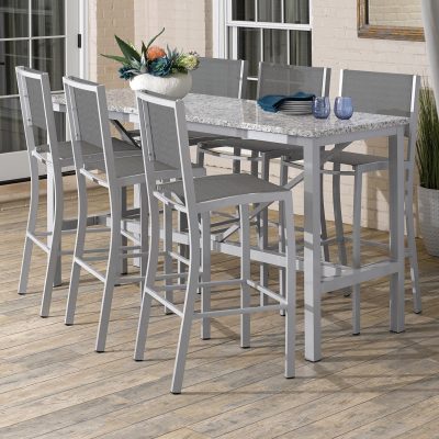 Travira 7 Piece Aluminum Patio Bar Set W/ 72 X 30 Inch Rectangular Lite-Core Ash Table By Oxford Garden – Titanium Sling