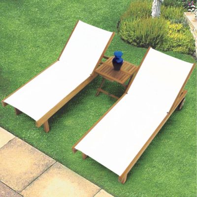 Sundaze 3 Piece Teak Patio Chaise Lounge Set W/ 20 Inch Square Folding Side Table By Royal Teak Collection – White Sling