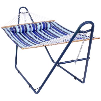 Ultimate Patio Quilted Double Hammock & Pillow w/ Blue Universal Stand – Catalina Beach