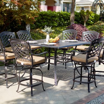 Darlee Sedona 9 Piece Cast Aluminum Patio Bar Set W/ 60 Inch Square Counter Height & Sesame Cushions