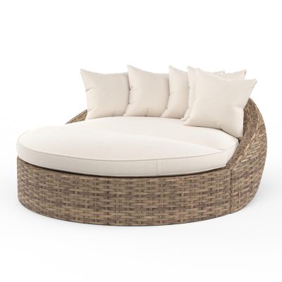 Sunset West Havana 69.5-Inch Round Resin Wicker Patio Daybed W/ Sunbrella Canvas Flax Cushions