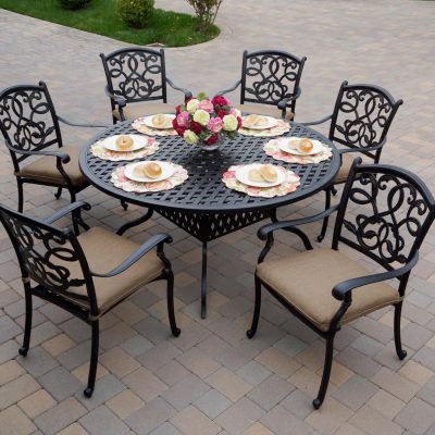 Darlee Santa Monica 7 Piece Cast Aluminum Patio Dining Set W/ 60 Inch Round Table & Sesame Cushions