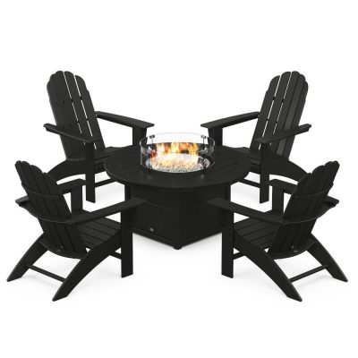 POLYWOOD Vineyard 5-Piece Curveback Adirondack Conversation Set w/ Fire Pit Table – Black