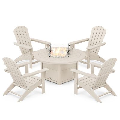 POLYWOOD Nautical 5-Piece Adirondack Chair Conversation Set w/ Fire Pit Table – Sand