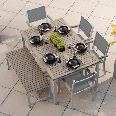 Oxford Garden Travira 6 Piece Flint Aluminum Patio Dining Set W/ Titanium Sling Armchairs, 63-Inch Rectangular Vintage Tekwood Table & Backless Bench