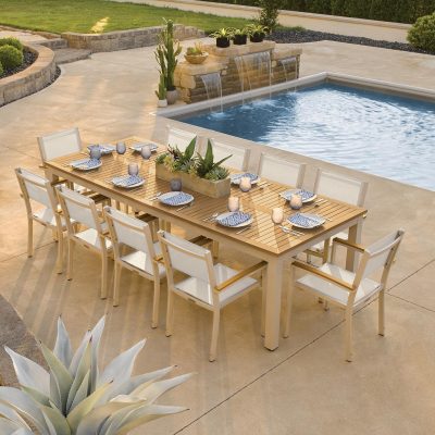 Travira 11 Piece Aluminum Patio Dining Set W/ 103 X 42 Inch Rectangular Tekwood Natural Table By Oxford Garden – Natural Sling