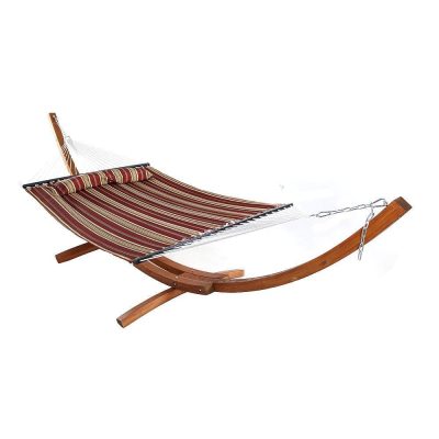 Ultimate Patio Quilted Double Hammock & Pillow w/ 13-Foot Wood Stand – Red Stripe