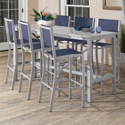 Travira 7 Piece Aluminum Patio Bar Set W/ 72 X 30 Inch Rectangular Lite-Core Ash Table By Oxford Garden – Ink Pen Sling