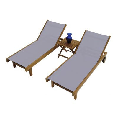 Sundaze 3 Piece Teak Patio Chaise Lounge Set W/ 20 Inch Square Folding Side Table By Royal Teak Collection – Gray Sling