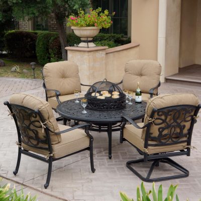 Darlee Santa Monica 5 Piece Cast Aluminum Patio Fire Pit Conversation Set W/ Ice Bucket Insert & Sesame Cushions