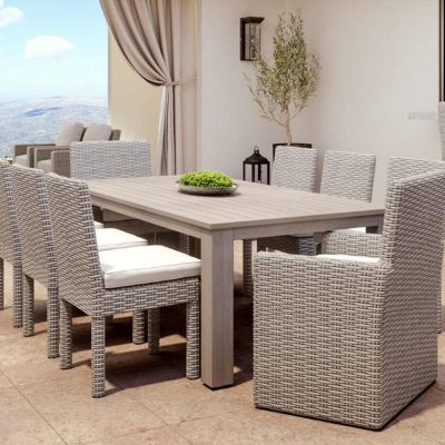 Sunset West Coronado 9 Piece Resin Wicker Patio Dining Set W/ Dining Table & Sunbrella Canvas Flax Cushions