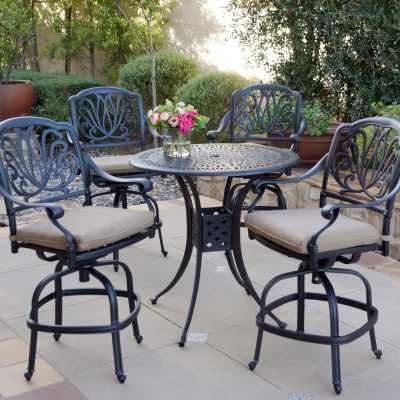 Elisabeth 5 Piece Cast Aluminum Patio Counter Height Swivel Bar Stool Set W/ 36 Inch Round Table By Darlee