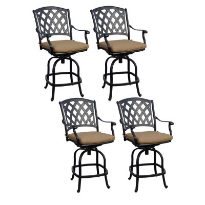 Darlee Ocean View 4 Piece Cast Aluminum Patio Counter Height Swivel Bar Stool Set W/ Sesame Cushions