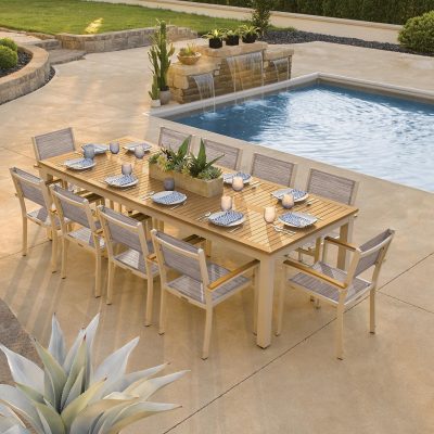 Travira 11 Piece Aluminum Patio Dining Set W/ 103 X 42 Inch Rectangular Tekwood Natural Table By Oxford Garden – Bellows Sling