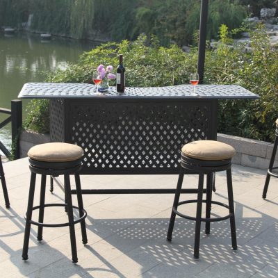 Darlee Classic 5 Piece Cast Aluminum Patio Party Bar Set W/ Backless Swivel Bar Stools & Sesame Cushions