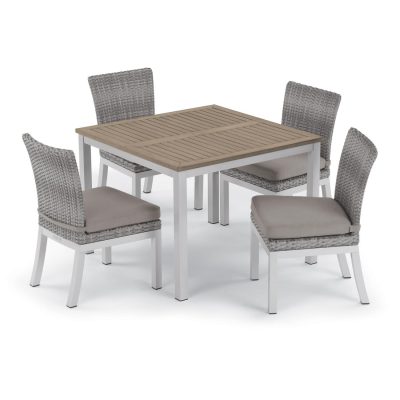 Argento 5 Piece Wicker Patio Dining Set W/ 39 Inch Square Tekwood Vintage Table, Side Chairs & Stone Cushions By Oxford Garden