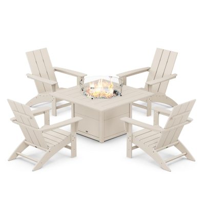 POLYWOOD Modern 5-Piece Adirondack Chair Conversation Set w/ Fire Pit Table – Sand