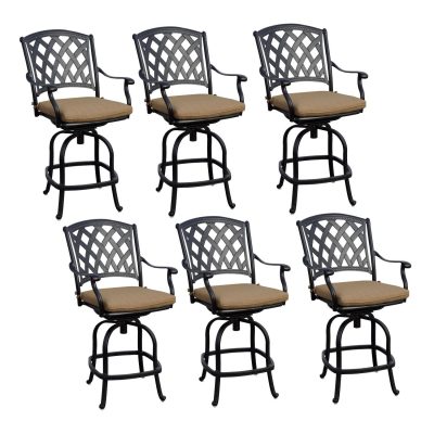 Darlee Ocean View 6 Piece Cast Aluminum Patio Counter Height Swivel Bar Stool Set W/ Sesame Cushions