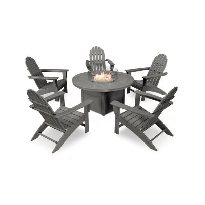 POLYWOOD Vineyard 6-Piece Adirondack Chat Set w/ Fire Pit Table – Slate Grey